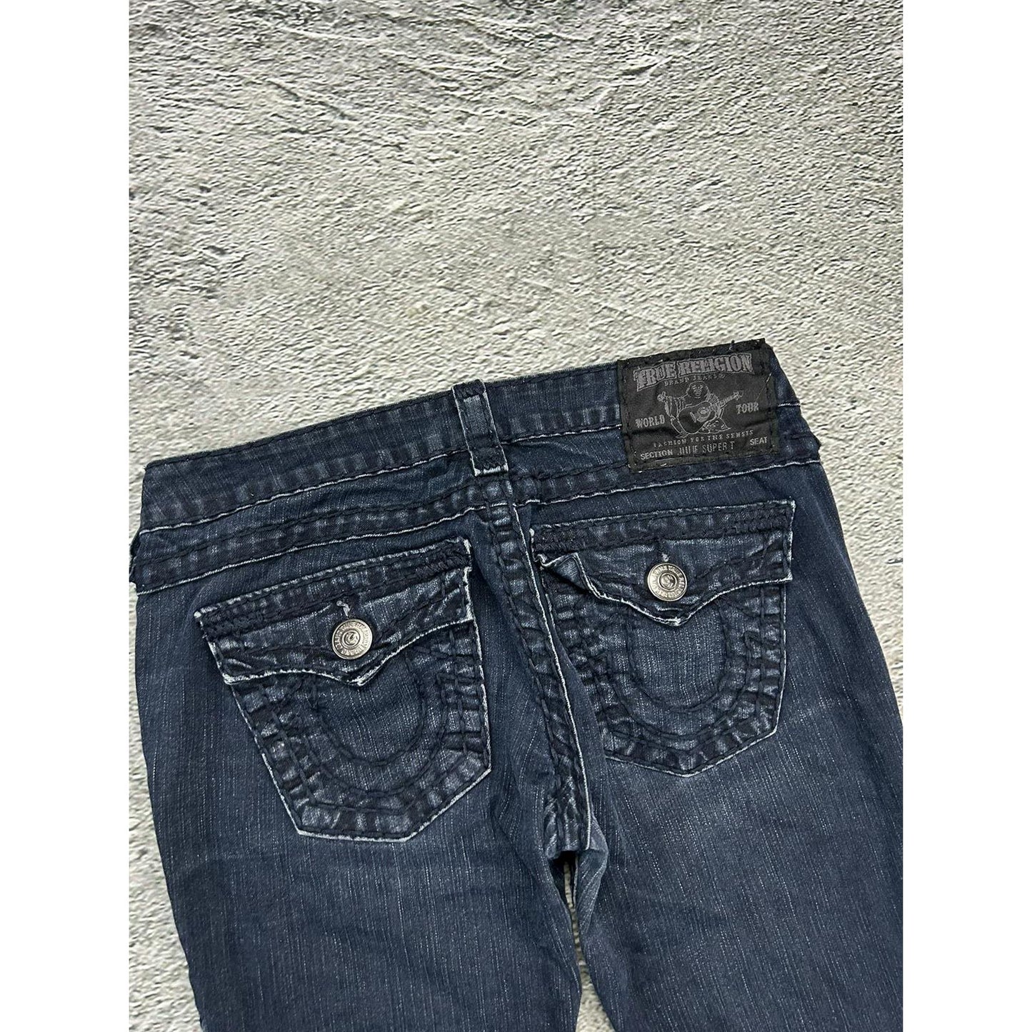 True Religion slim jeans navy black thick stitching Y2K