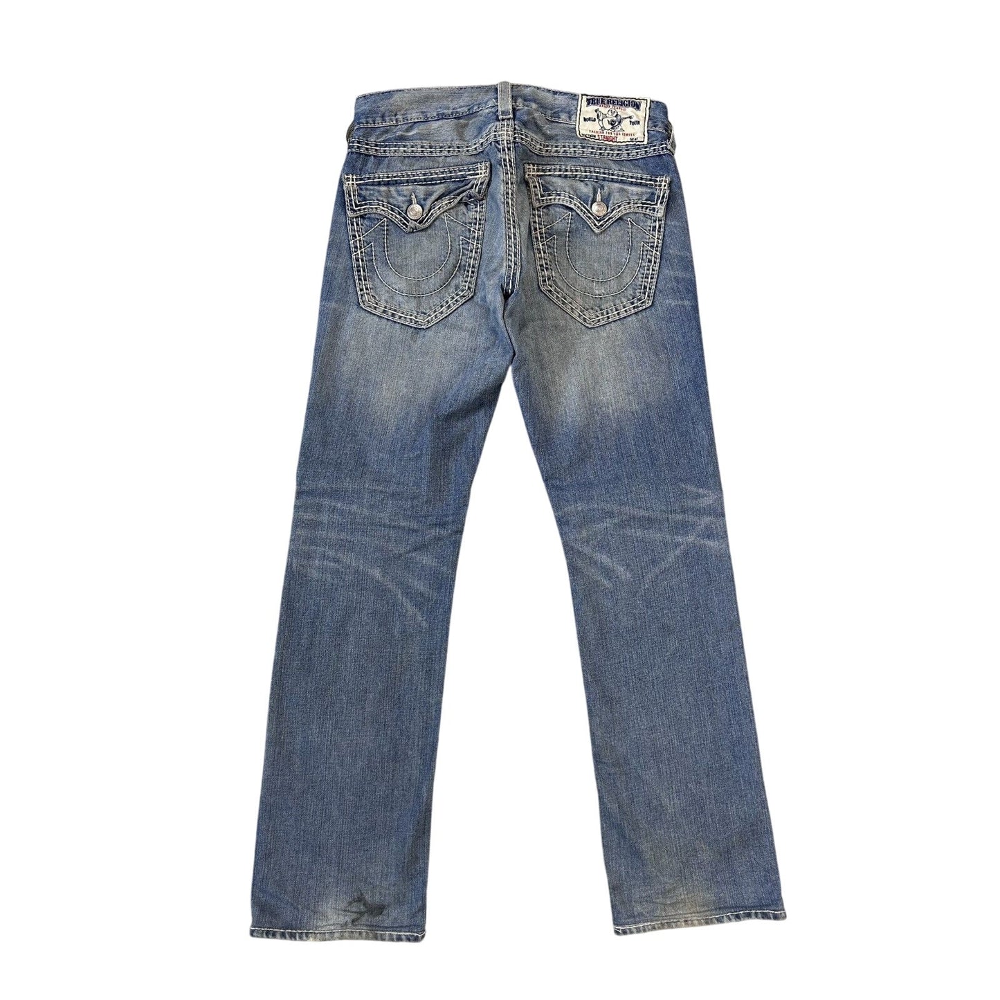 True Religion baby blue jeans white thick stitching straight
