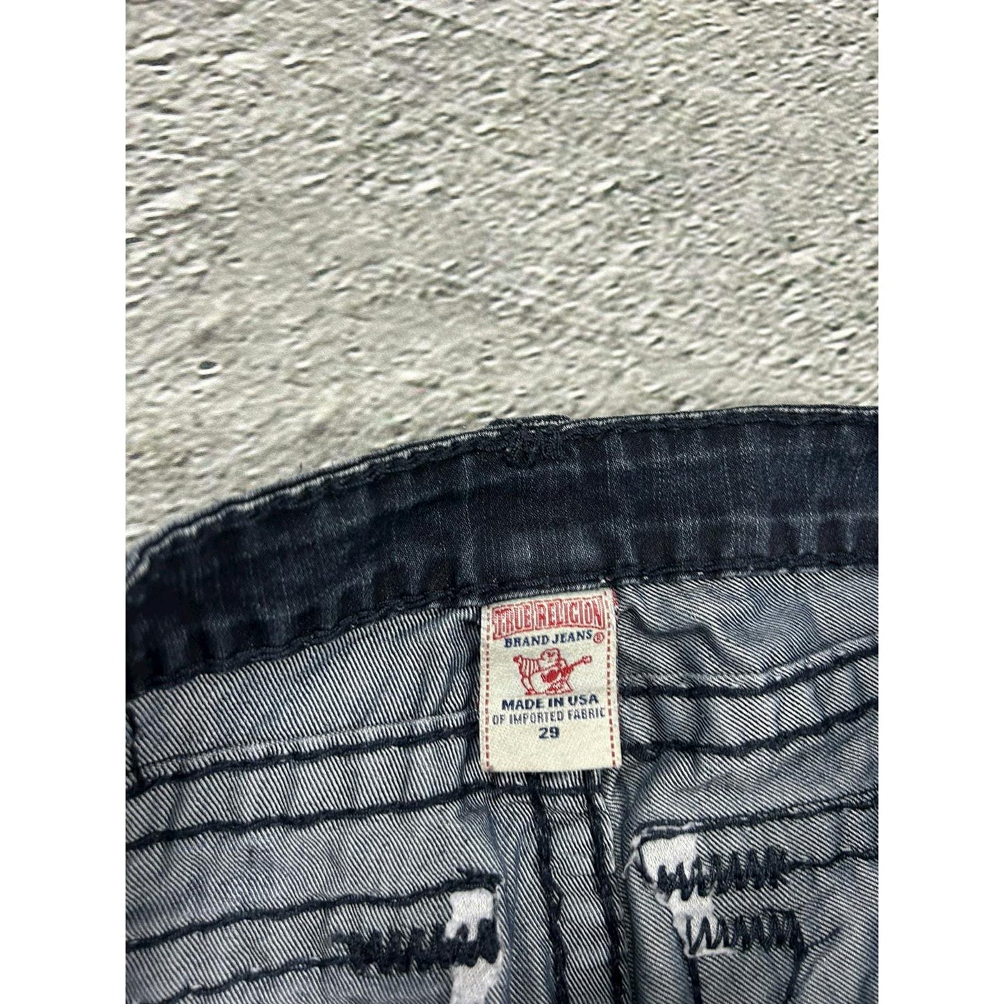 True Religion slim jeans navy black thick stitching Y2K