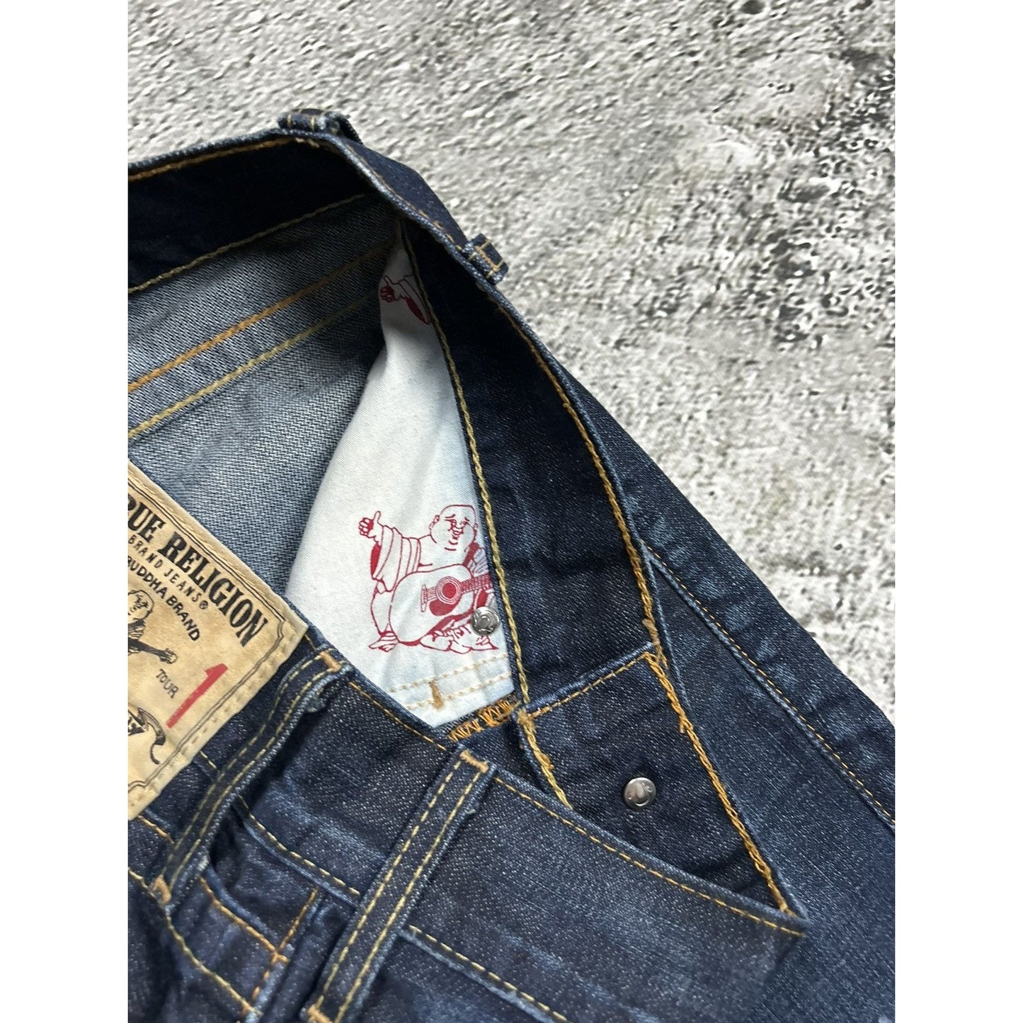 True Religion vintage jeans navy thick stitching gold Y2K