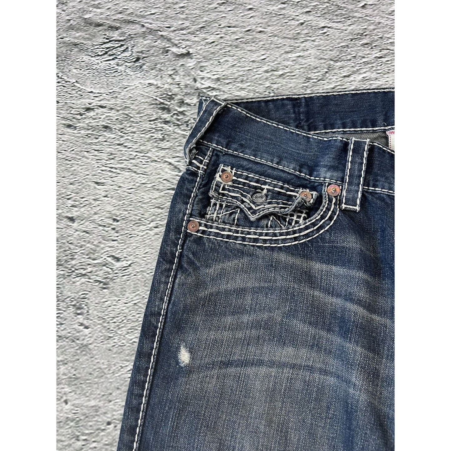 True Religion navy blue jeans white thick stitching straight