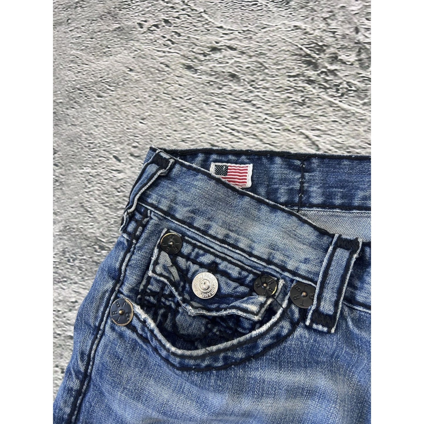 True Religion jeans blue black stitching Ricky Y2K