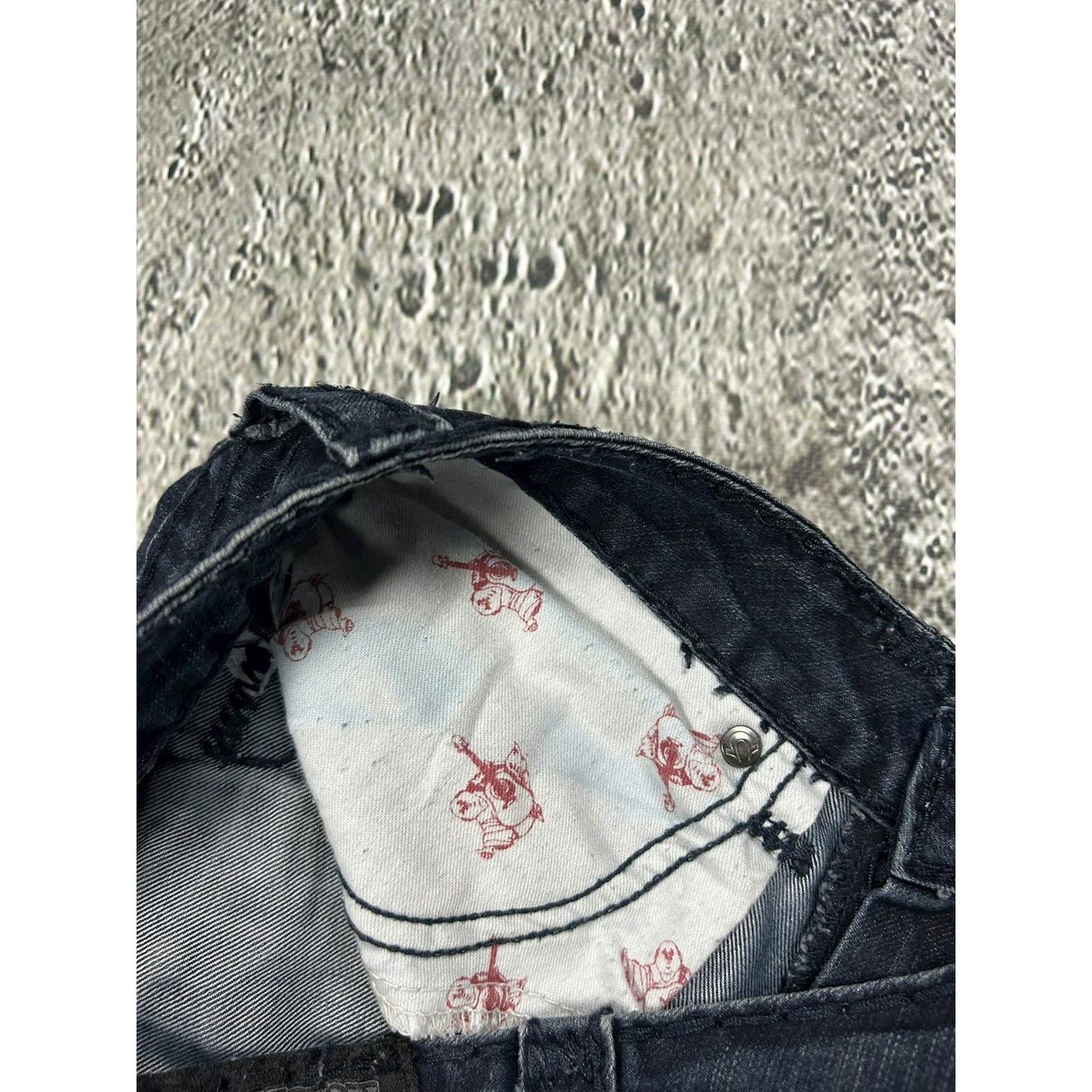 True Religion slim jeans navy black thick stitching Y2K