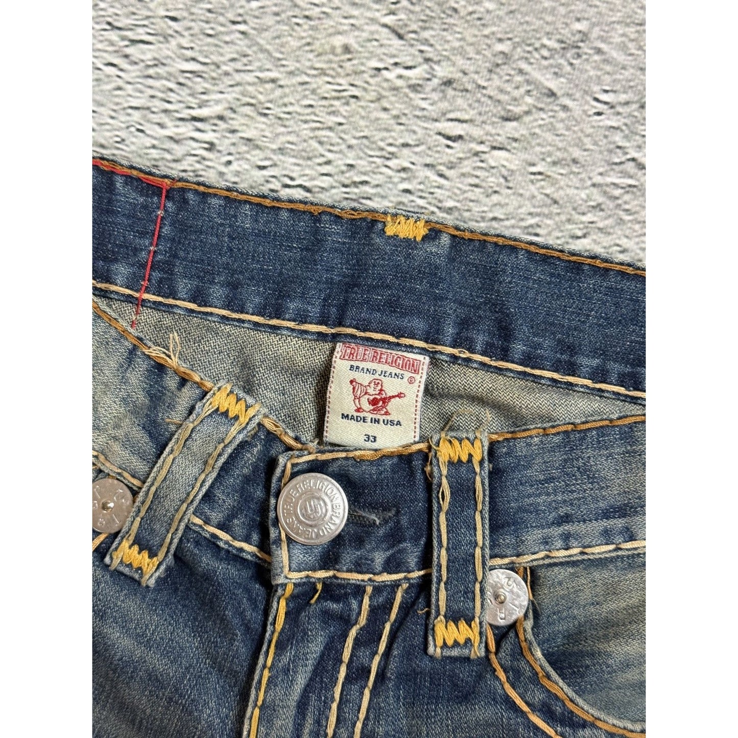 True Religion jorts denim shorts navy orange stitching Ricky