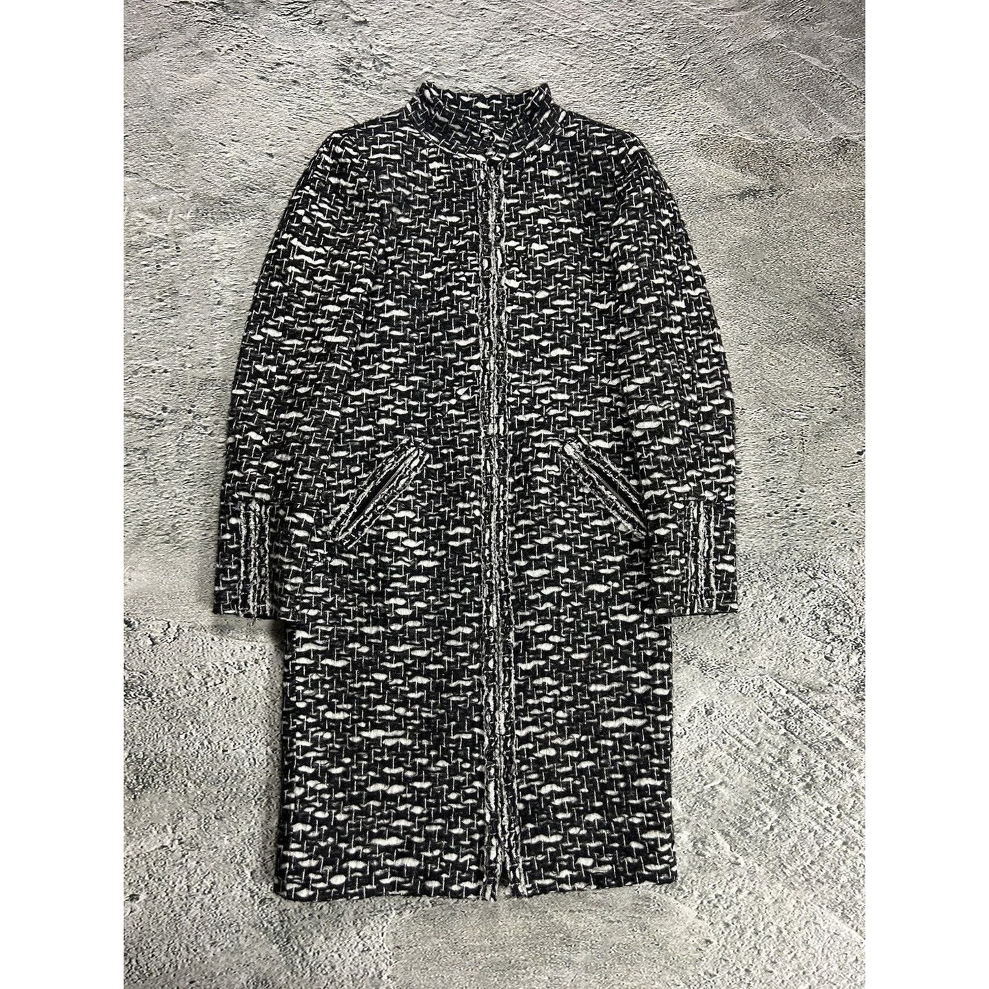 Chanel vintage coat tweed black white furry 2010