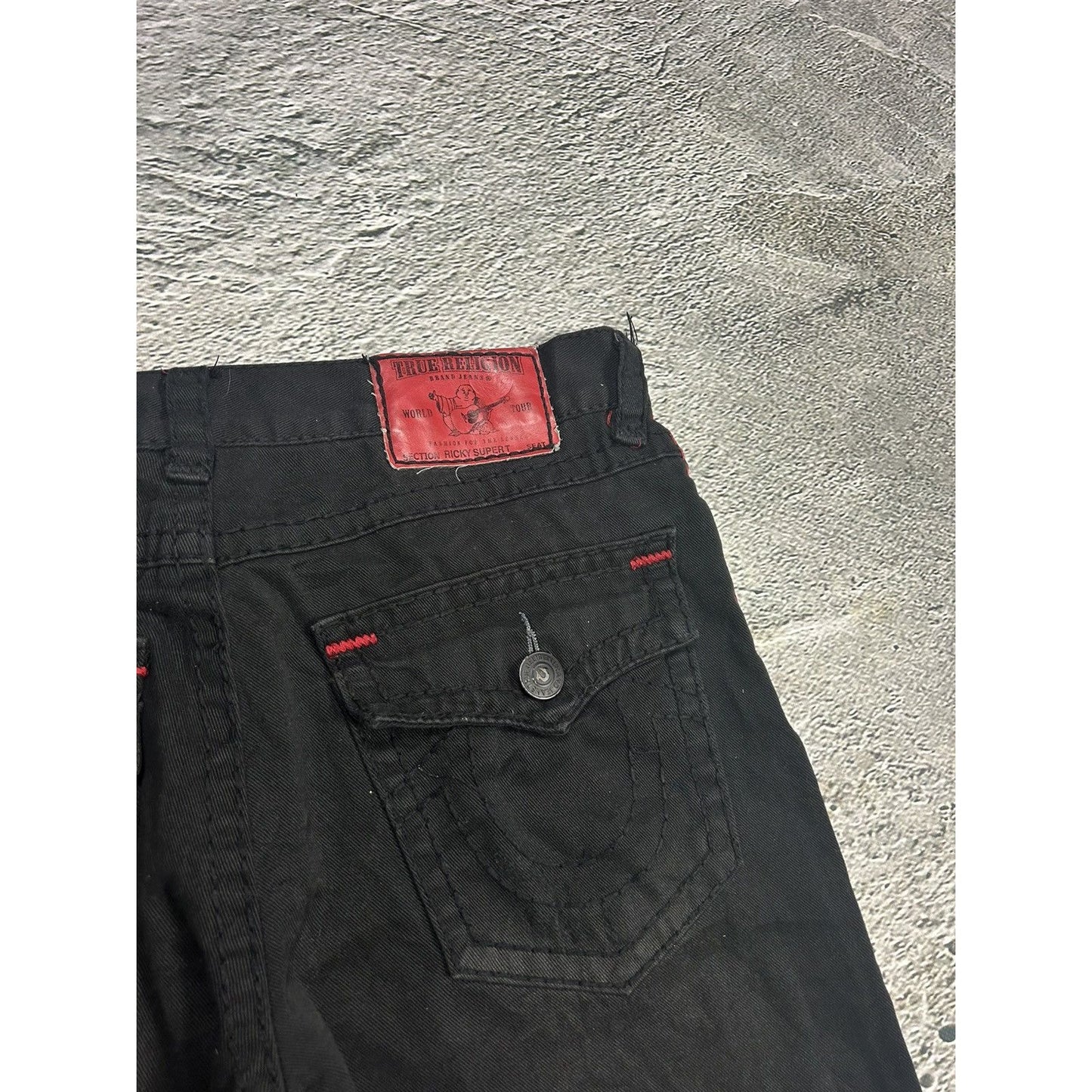 True Religion vintage black jeans Ricky red thick stitching