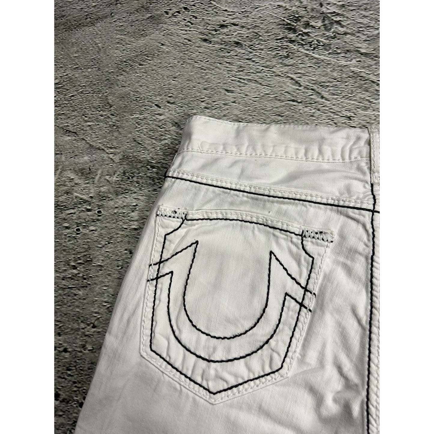 True Religion vintage white jeans denim black stitching Y2K
