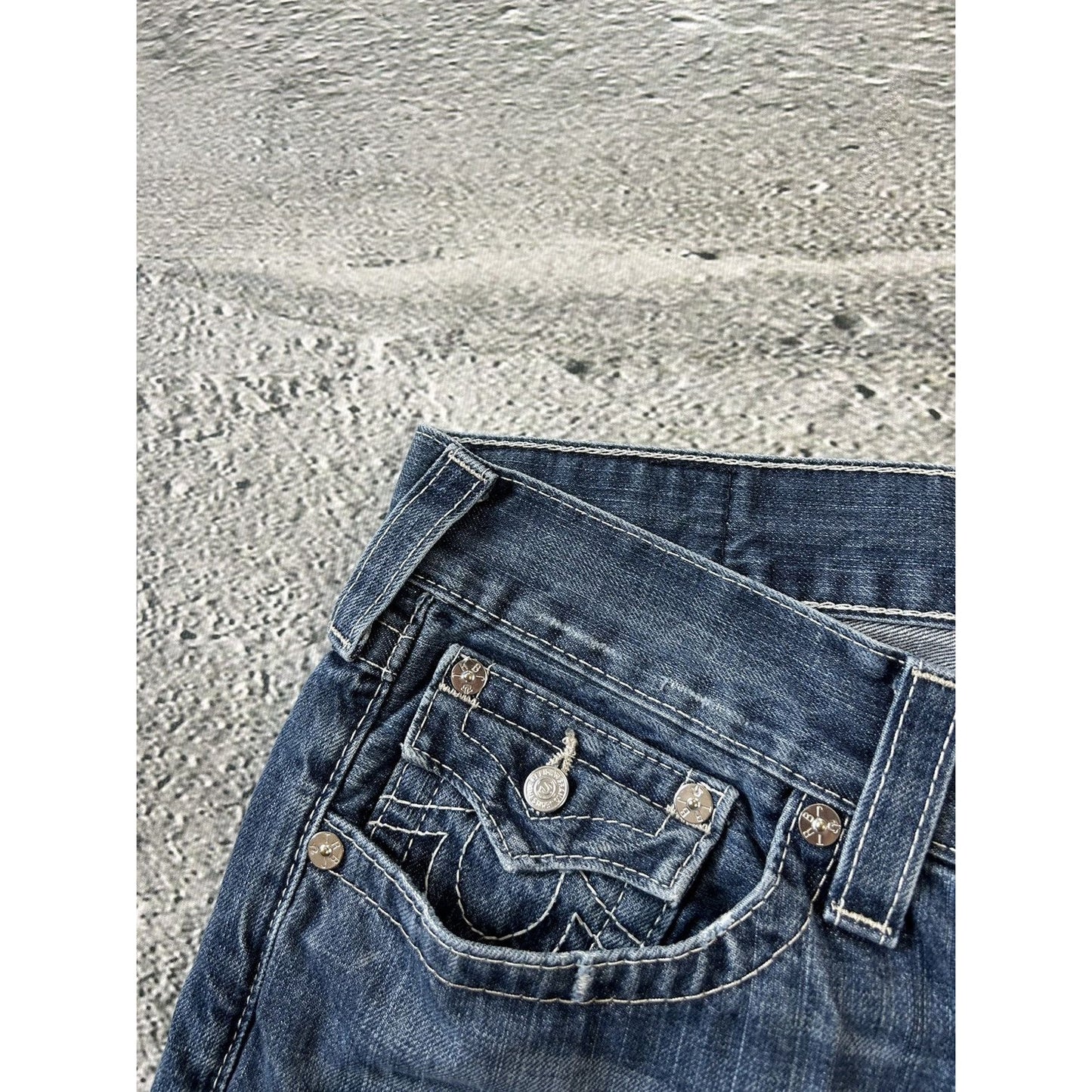 True Religion baby blue jeans white stitching Y2K bootcut