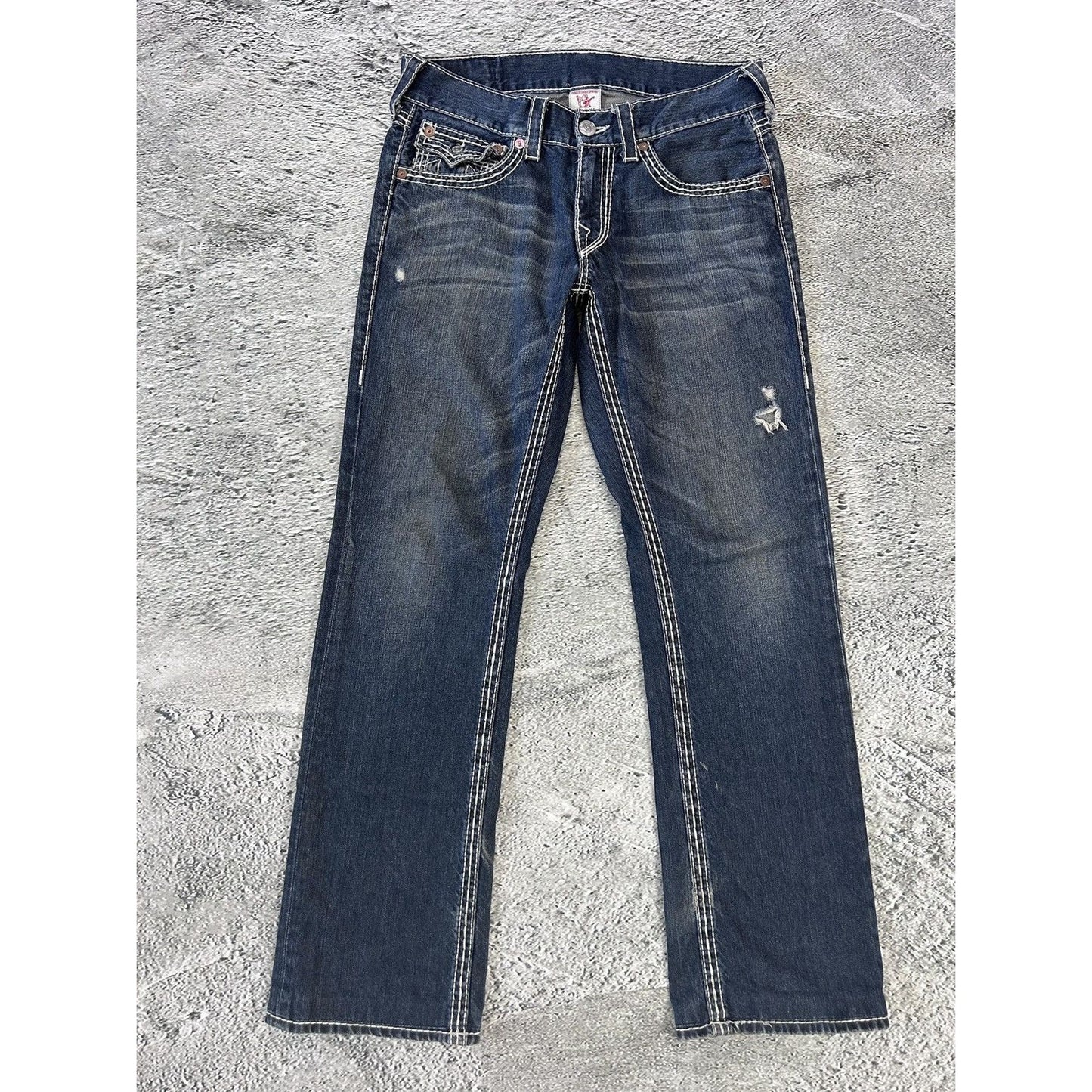 True Religion navy blue jeans white thick stitching straight