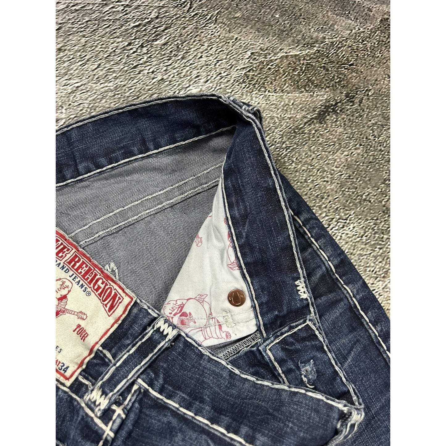 True Religion jeans navy white thick stitching bobby