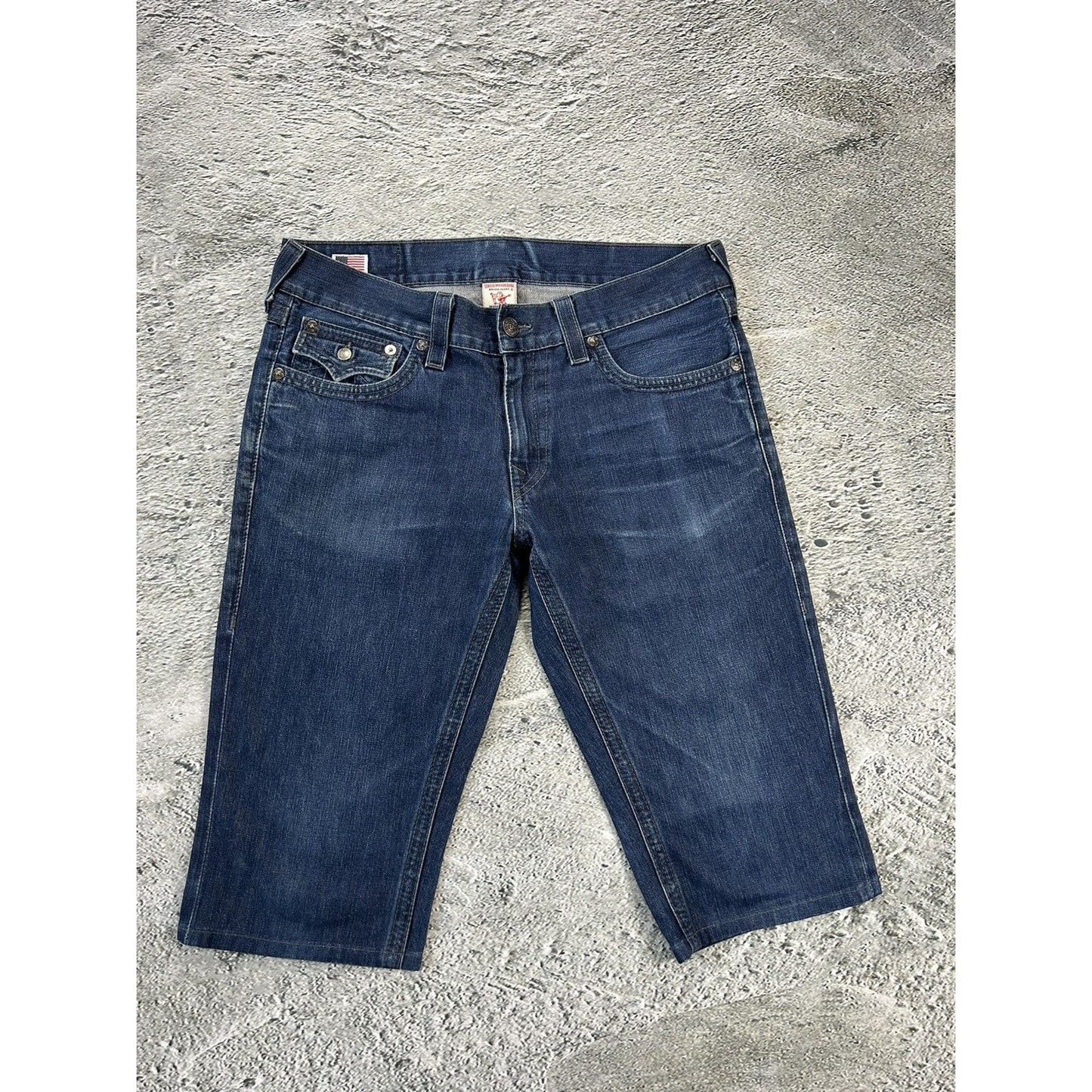 True Religion jorts denim shorts navy black stitching Ricky