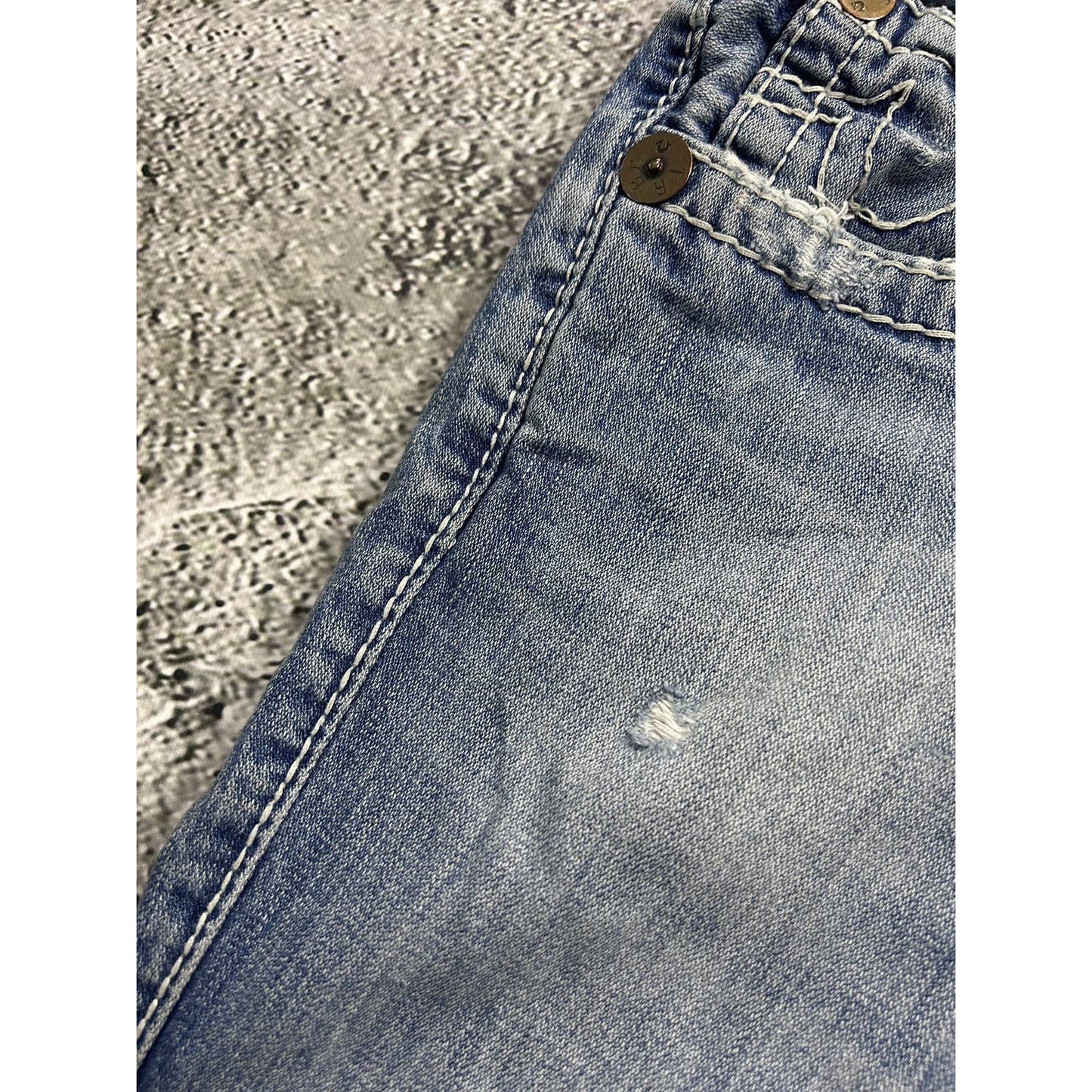 True Religion baby blue jeans white stitching Y2K