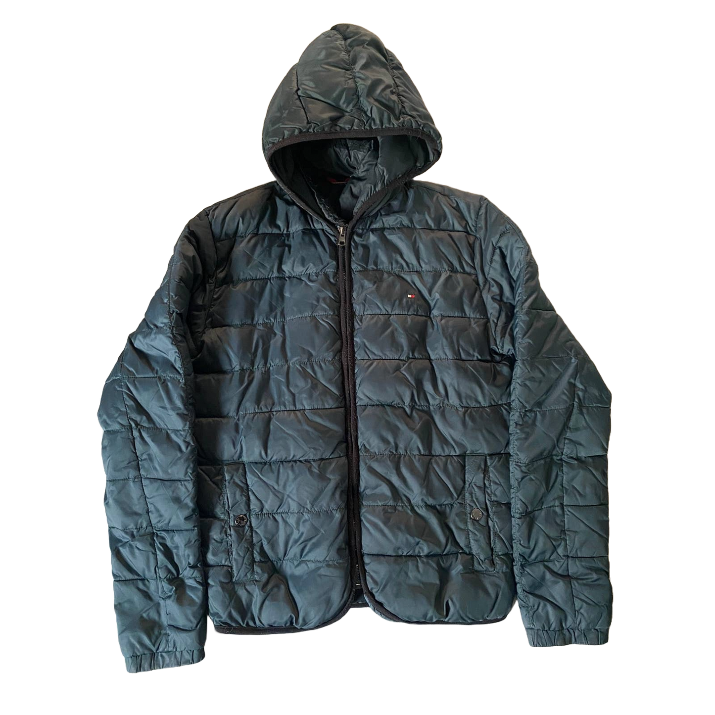 Tommy Hilfiger green puffer jacket small logo flag
