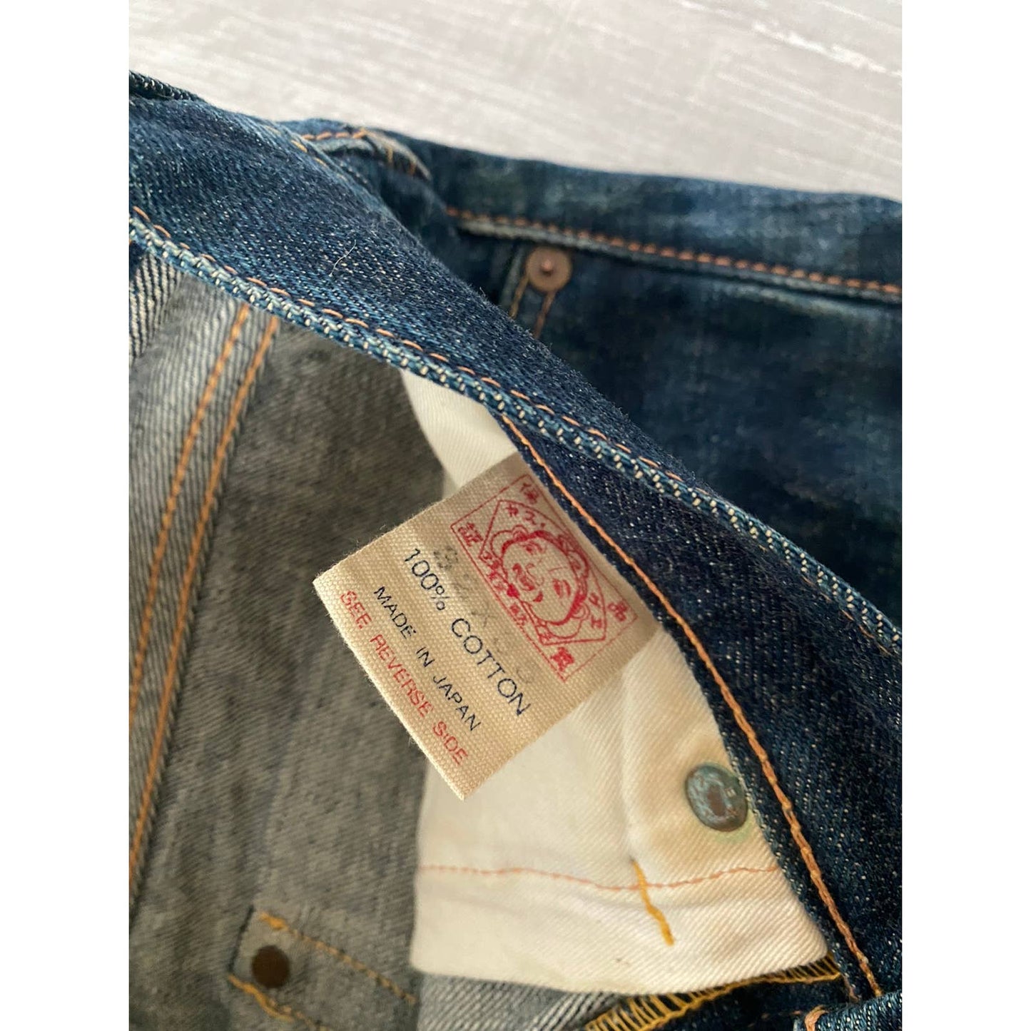 Evisu Japan vintage selvedge navy jeans white daicock logo