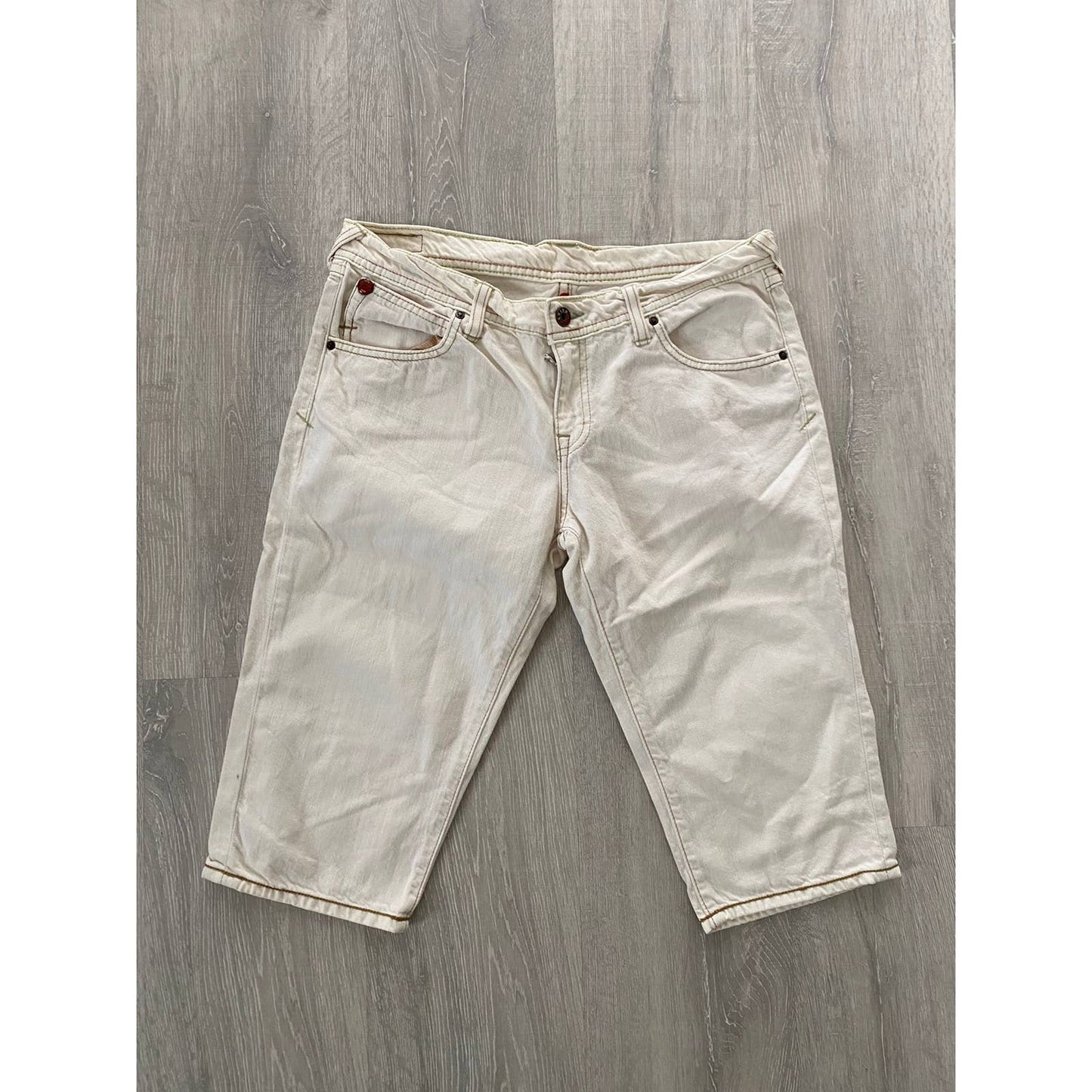 Evisu x Puma white jeans denim shorts capri pants jeans Y2K