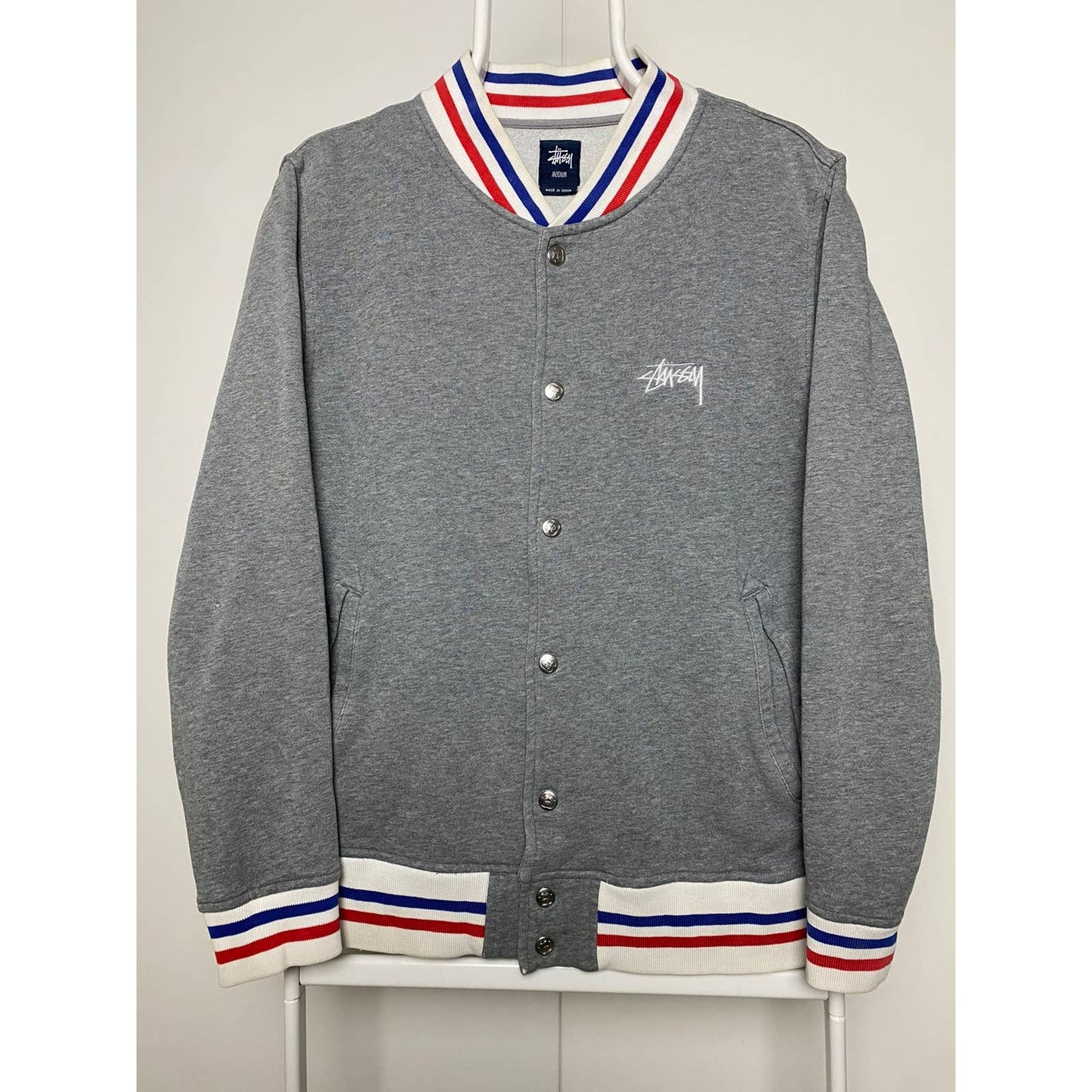 Stussy varsity jacket grey button up sweatshirt