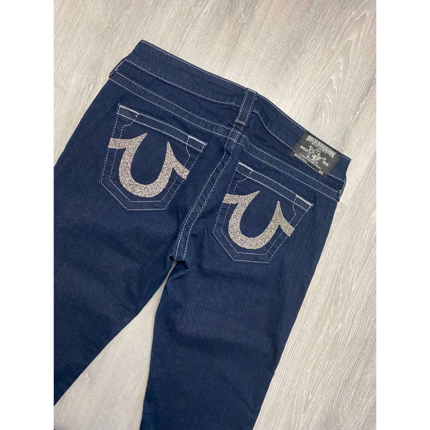 True Religion vintage navy jeans gem stones logo Y2K