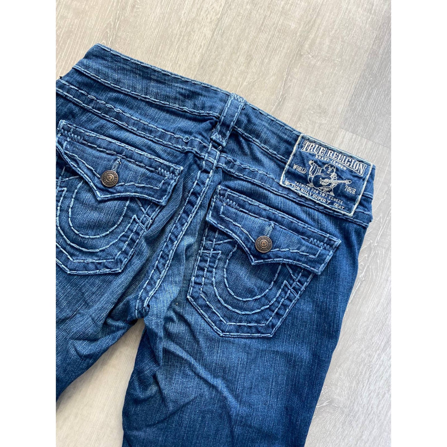 True Religion vintage blue jeans white thick stitching Y2K