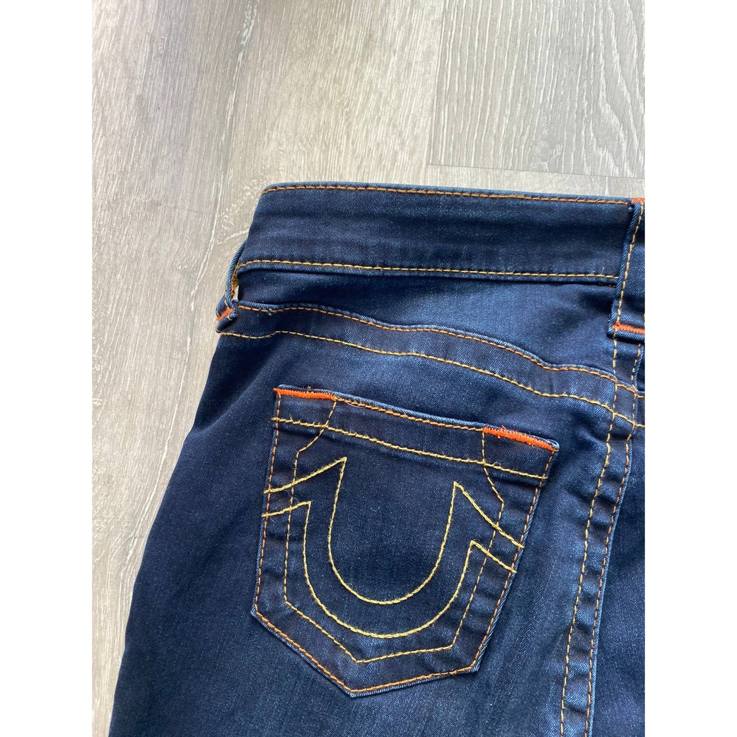 True Religion vintage navy jeans orange stitching