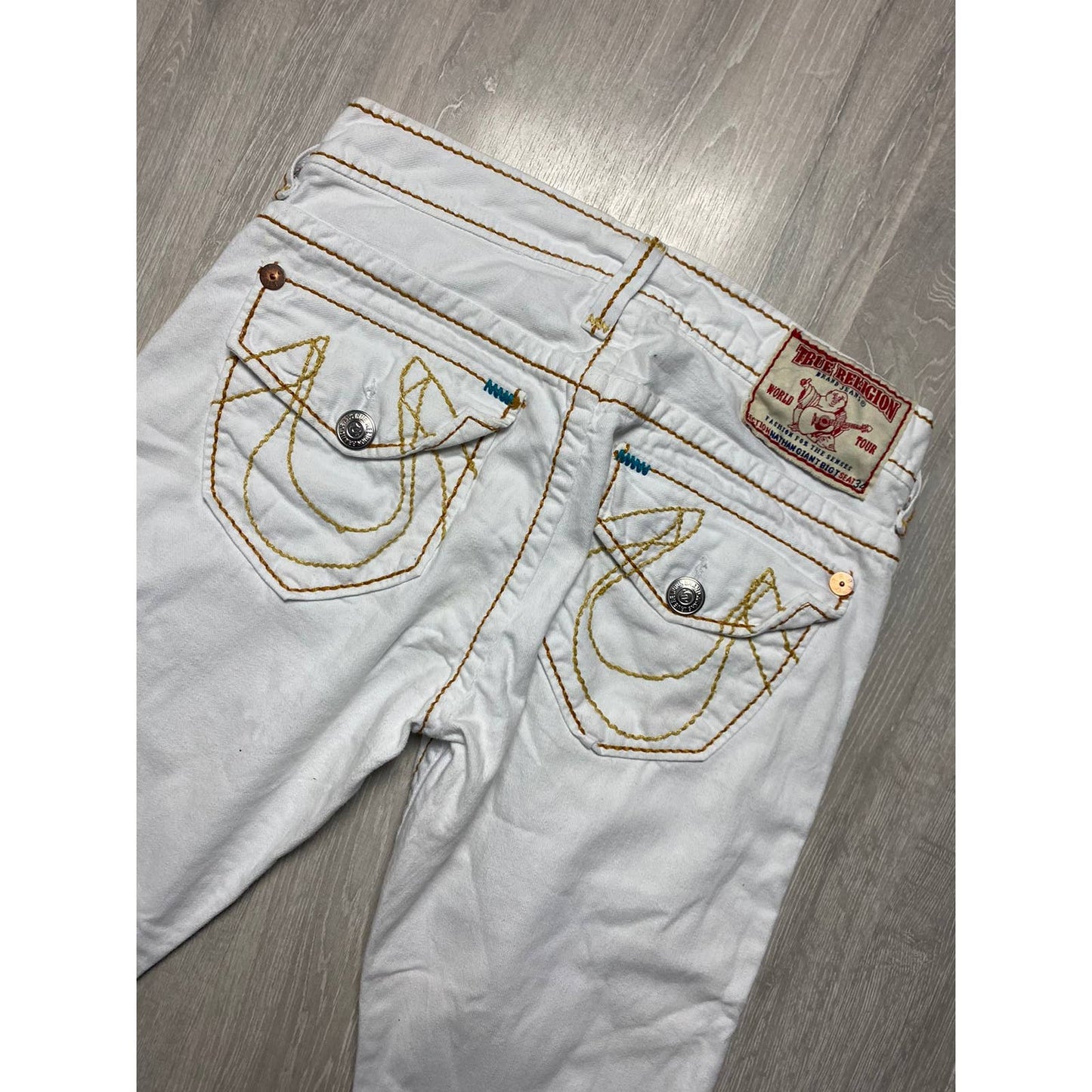 True Religion vintage white jeans Orange thick stitching Y2K