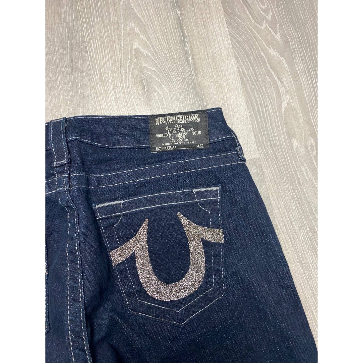 True Religion vintage navy jeans gem stones logo Y2K