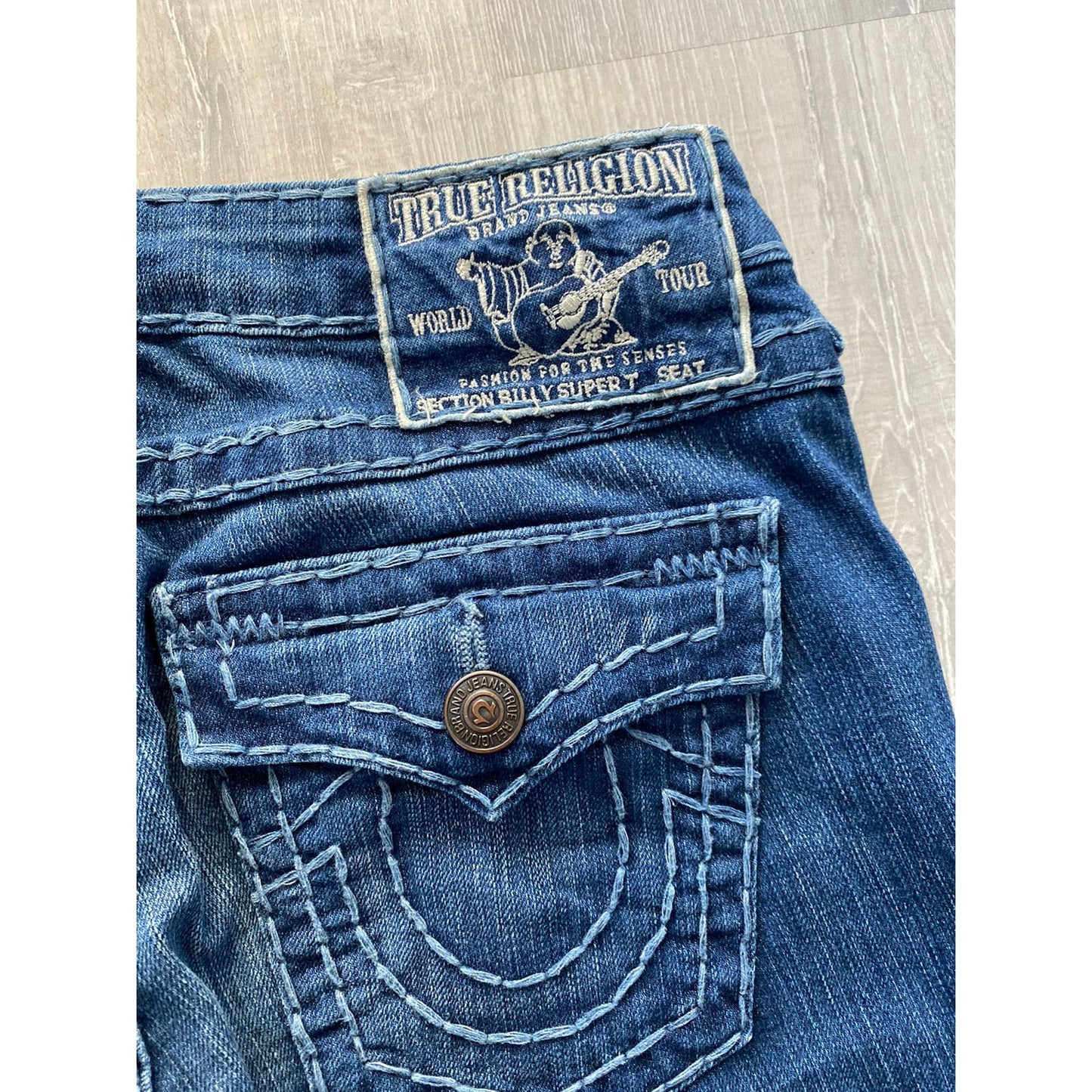 True Religion vintage blue jeans white thick stitching Y2K