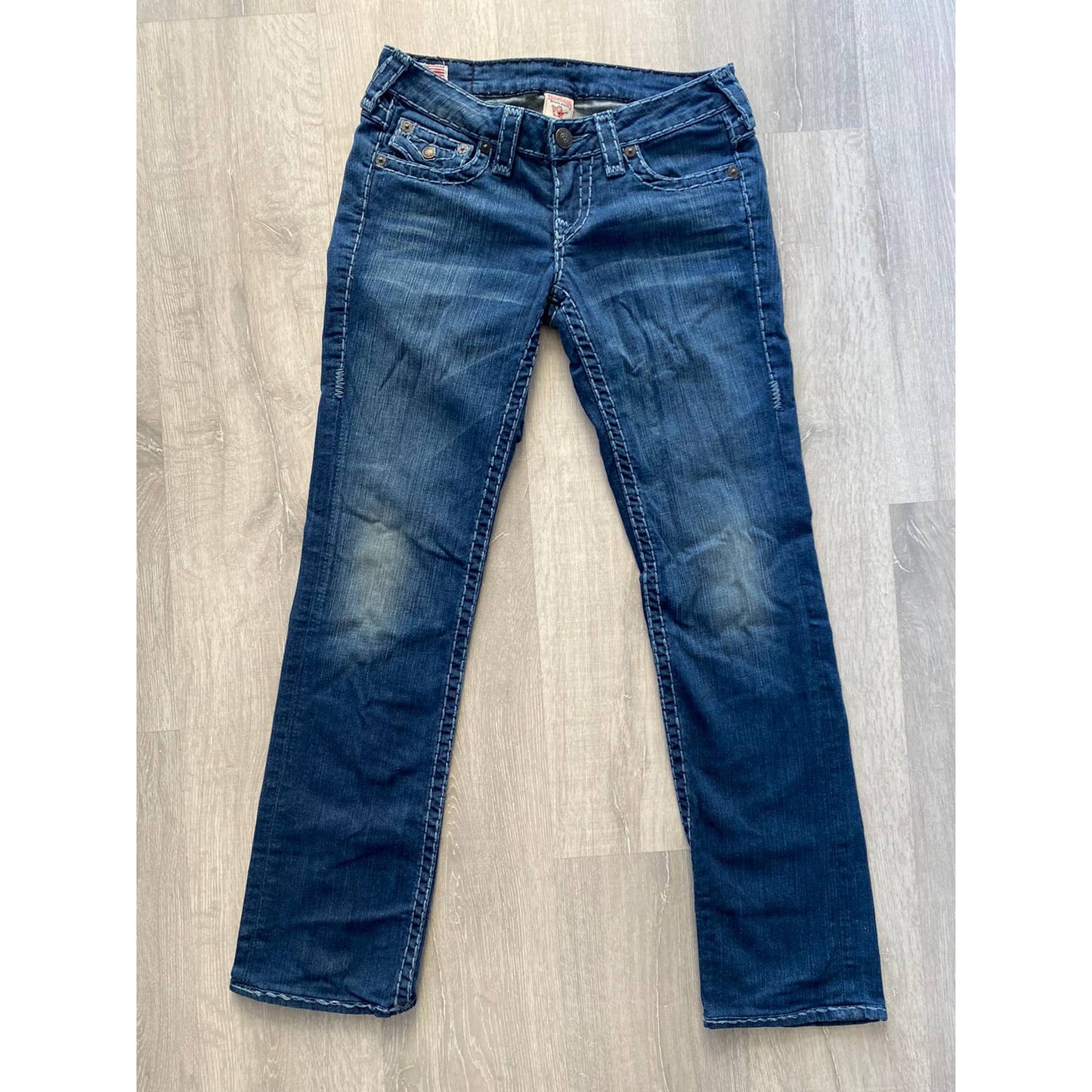 True Religion vintage blue jeans white thick stitching Y2K
