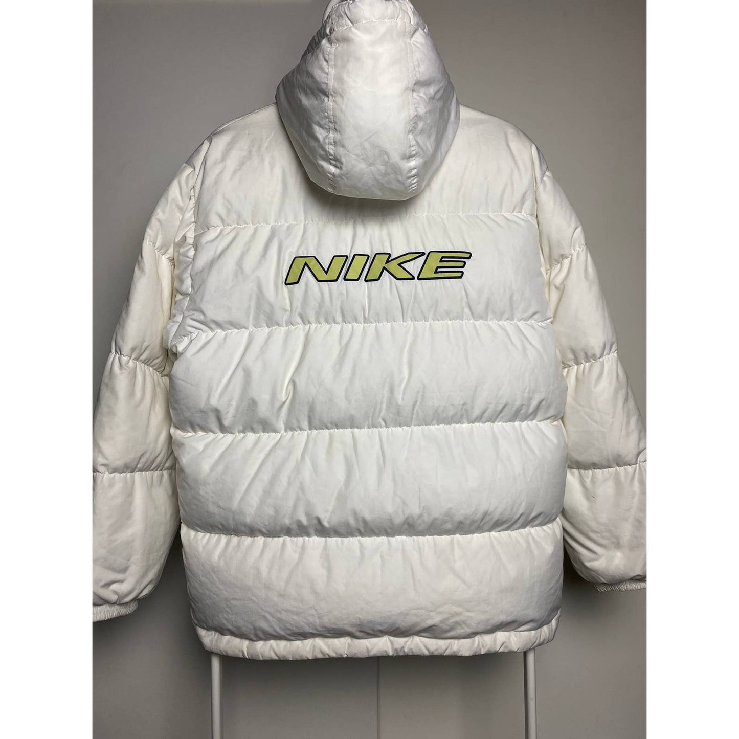 Nike vintage puffer jacket big logo white neon yellow 90s