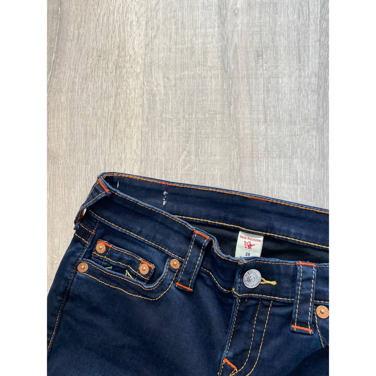 True Religion vintage navy jeans orange stitching