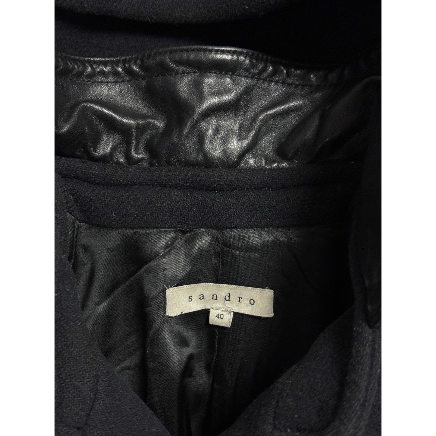 Sandro coat heavy wool black leather sleeves detachable hood