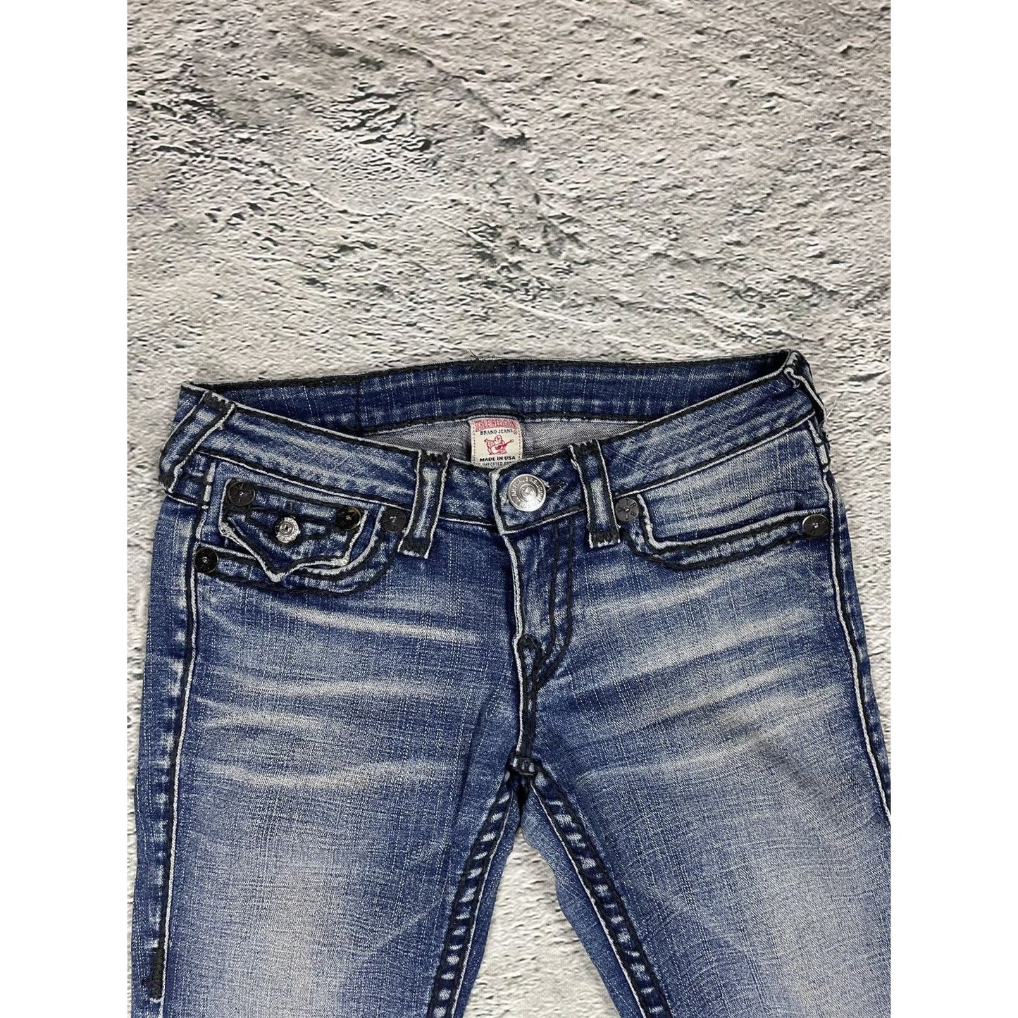 True Religion navy blue jeans black thick stitching Billy