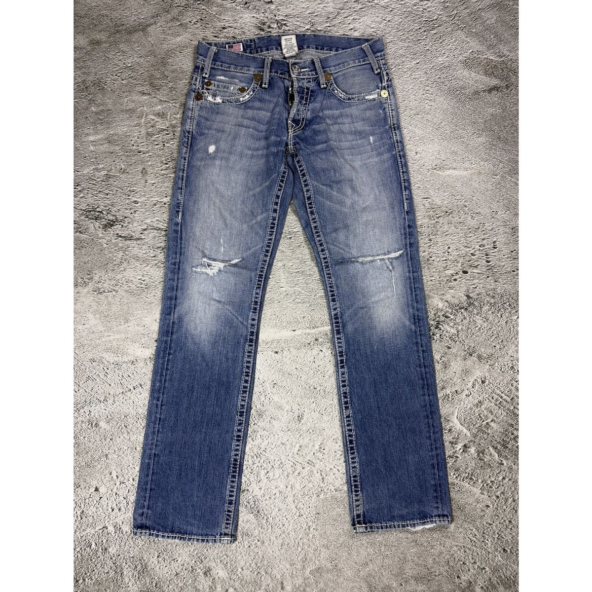 True Religion blue washed jeans white thick stitching Logan