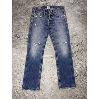 True Religion blue washed jeans white thick stitching Logan