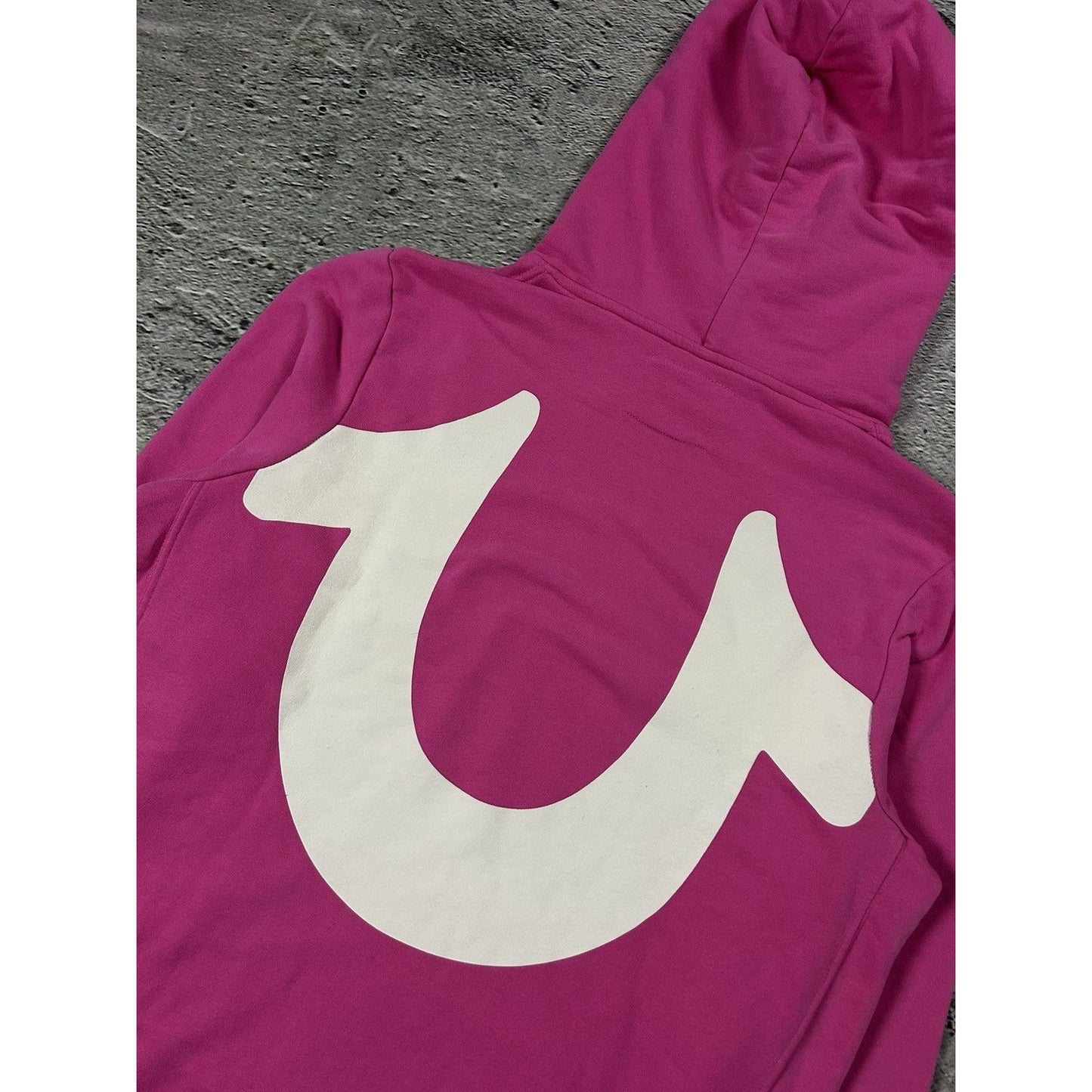 True Religion hoodie pink big logo white horseshoe vintage
