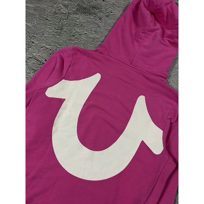 True Religion hoodie pink big logo white horseshoe vintage