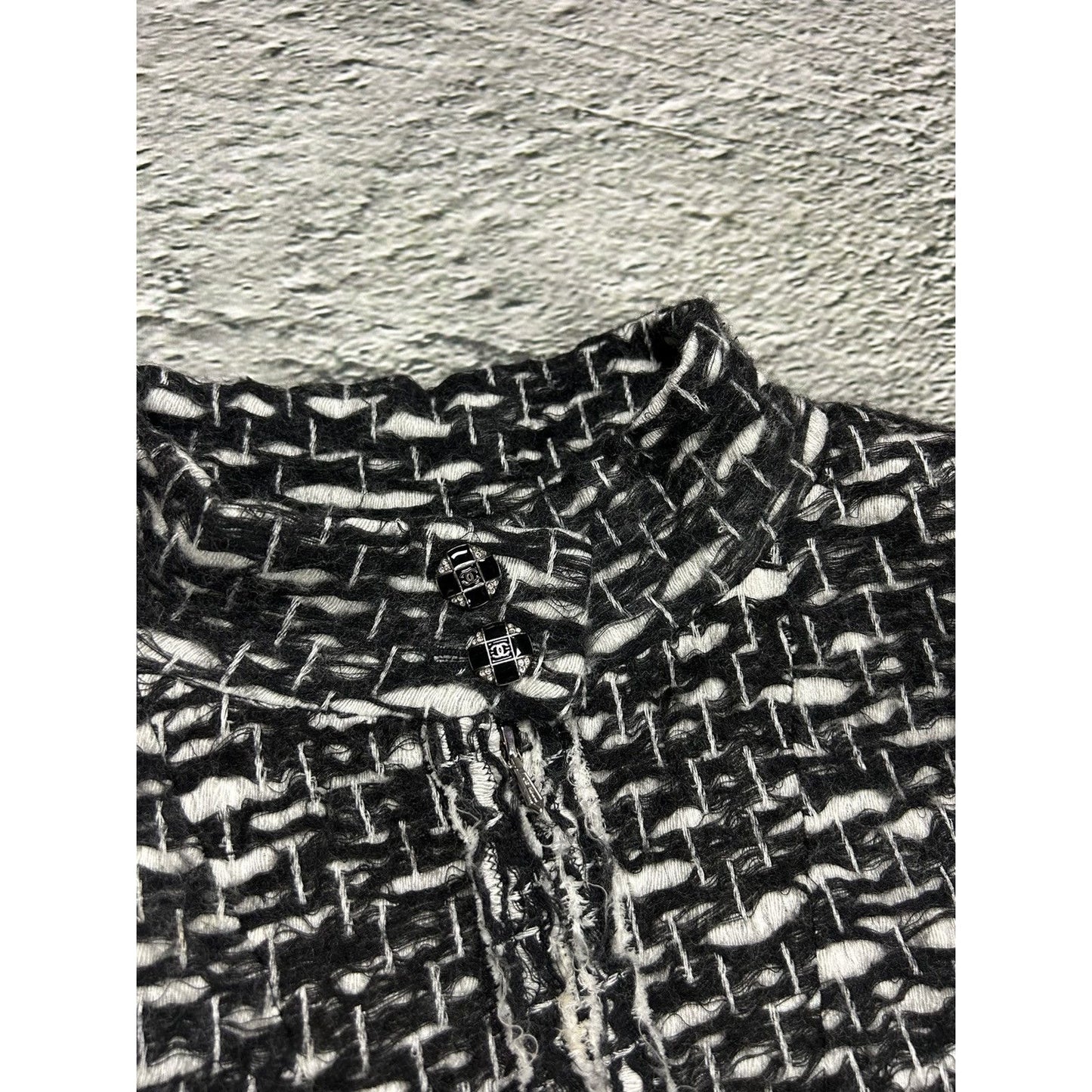 Chanel vintage coat tweed black white furry 2010