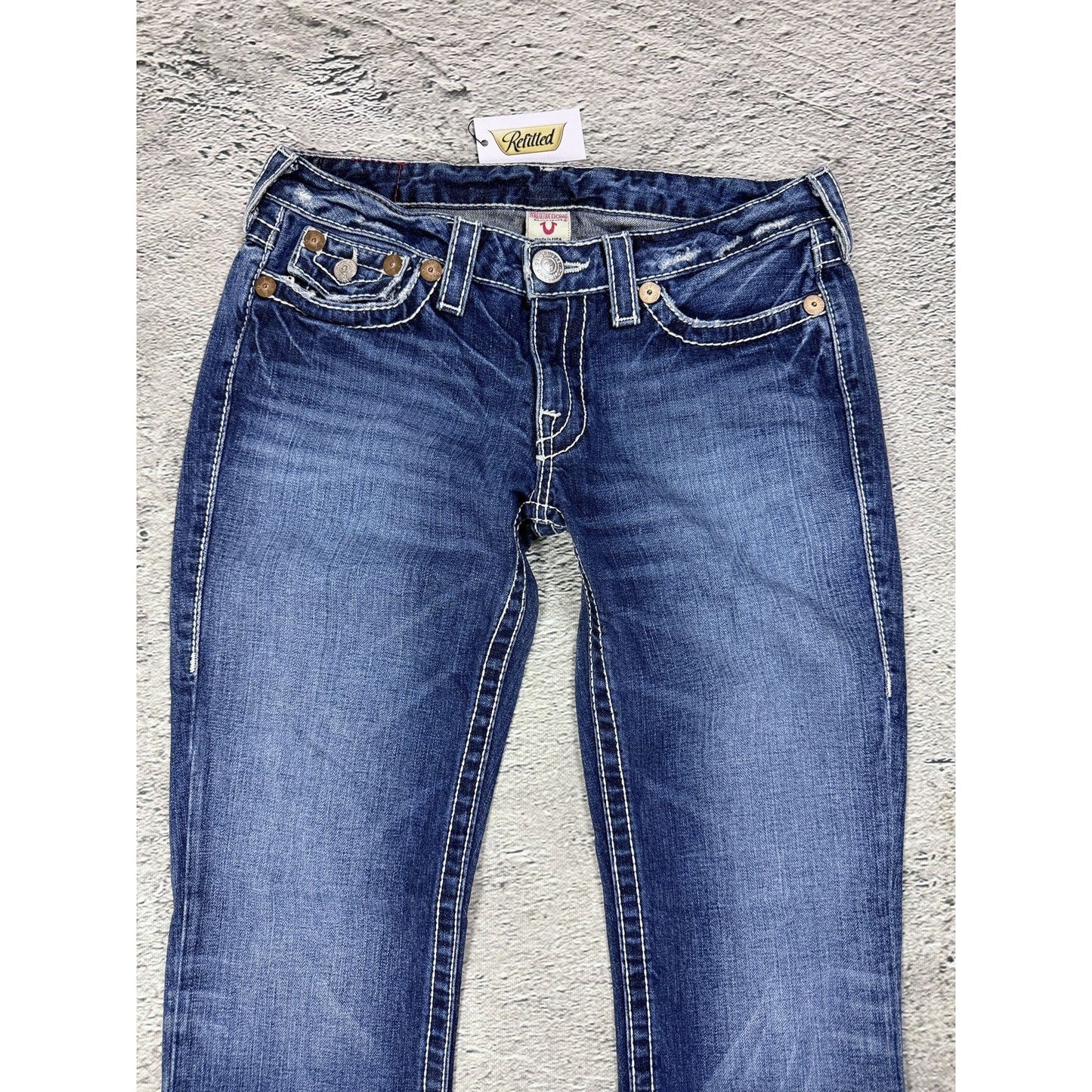 True Religion blue jeans white thick stitching Billy