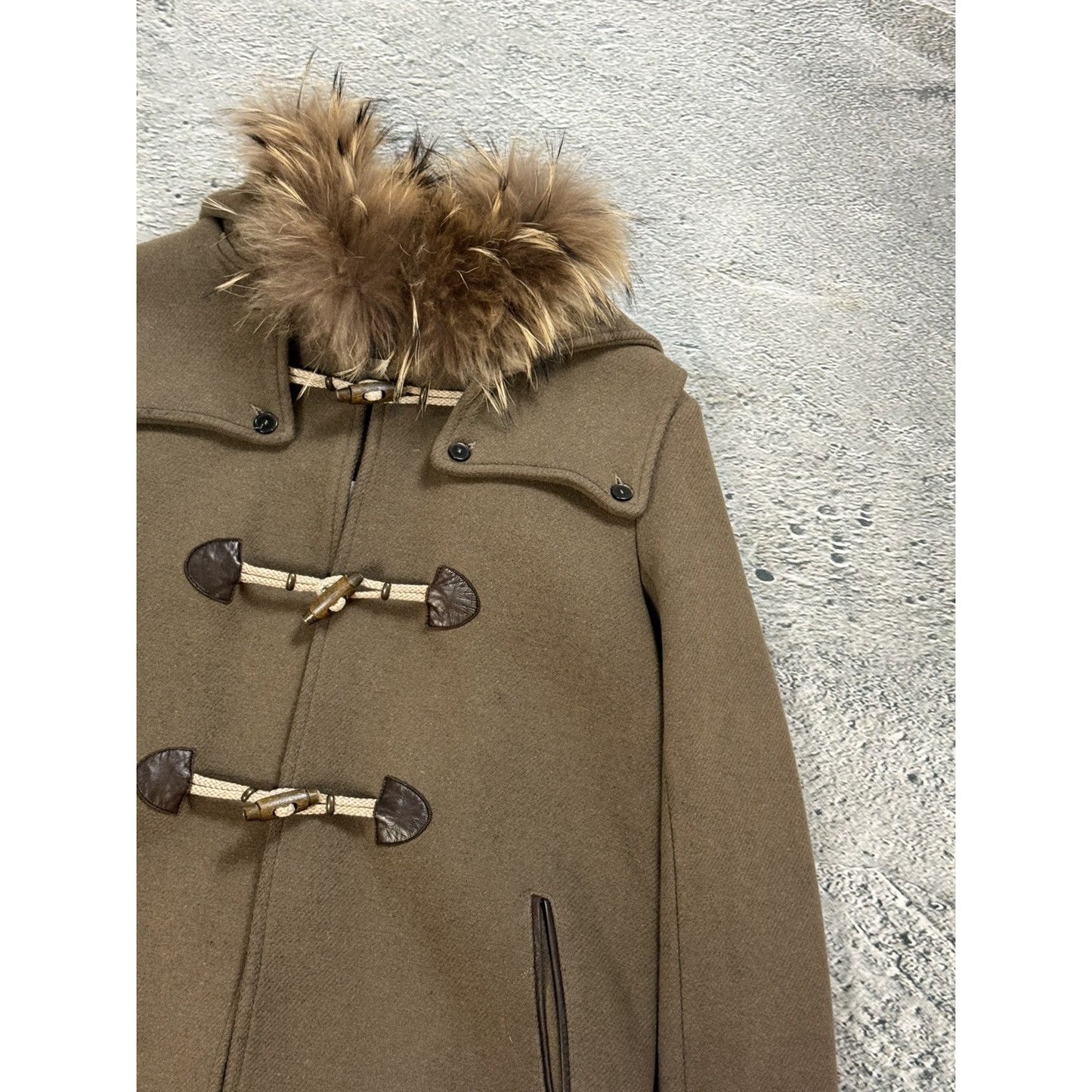 Sandro coat heavy wool khaki green hooded with fur
