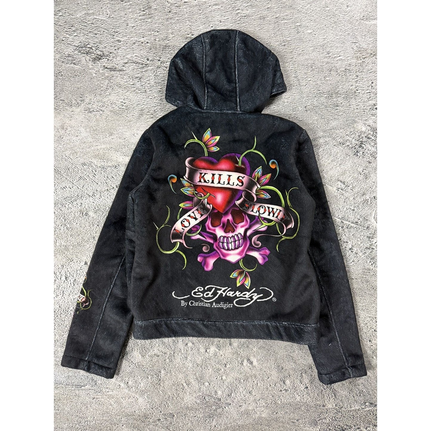 Ed Hardy zip hoodie black red vintage Y2K faux fur