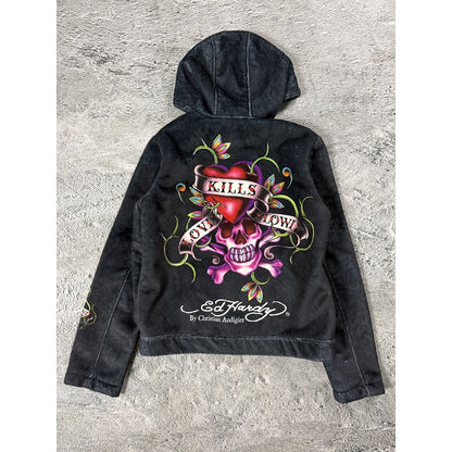 Ed Hardy zip hoodie black red vintage Y2K faux fur