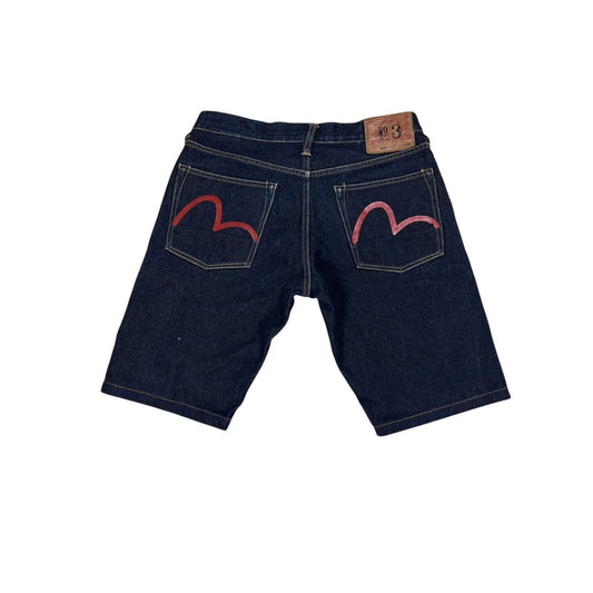 Evisu jorts navy blue shorts denim red seagulls handpainted