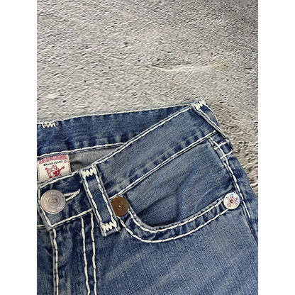 True Religion baby blue jeans white thick stitching Bobby