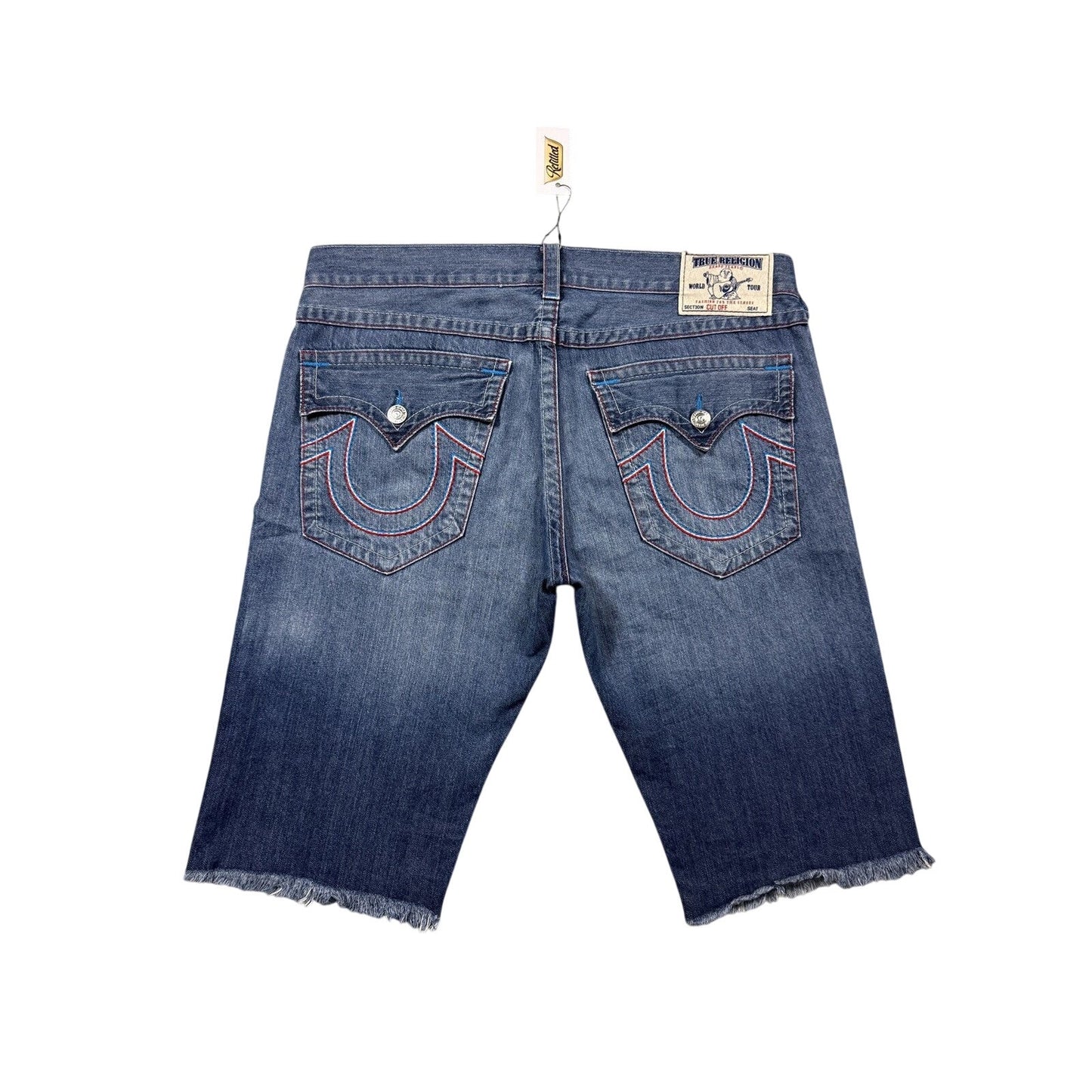 True Religion jorts denim shorts stitching blue red