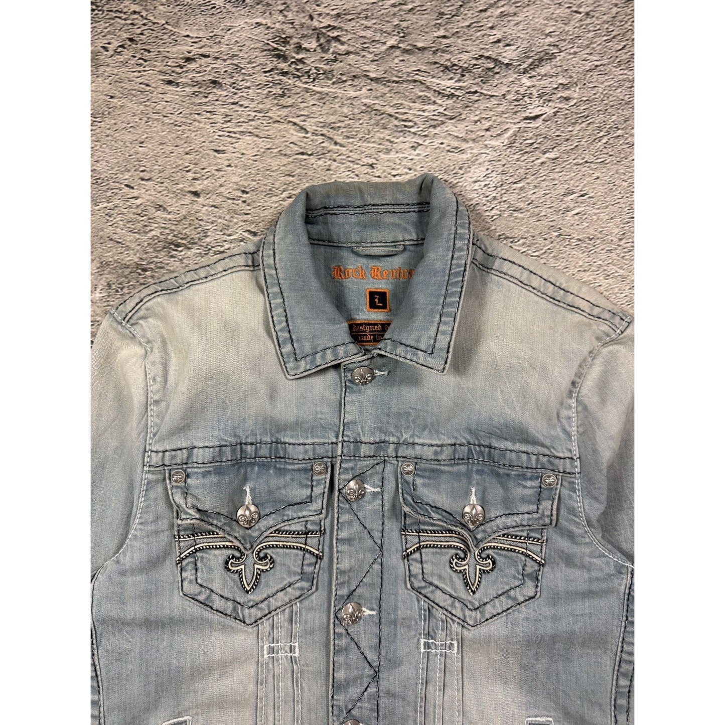 Rock Revival denim jacket blue white stitching vintage