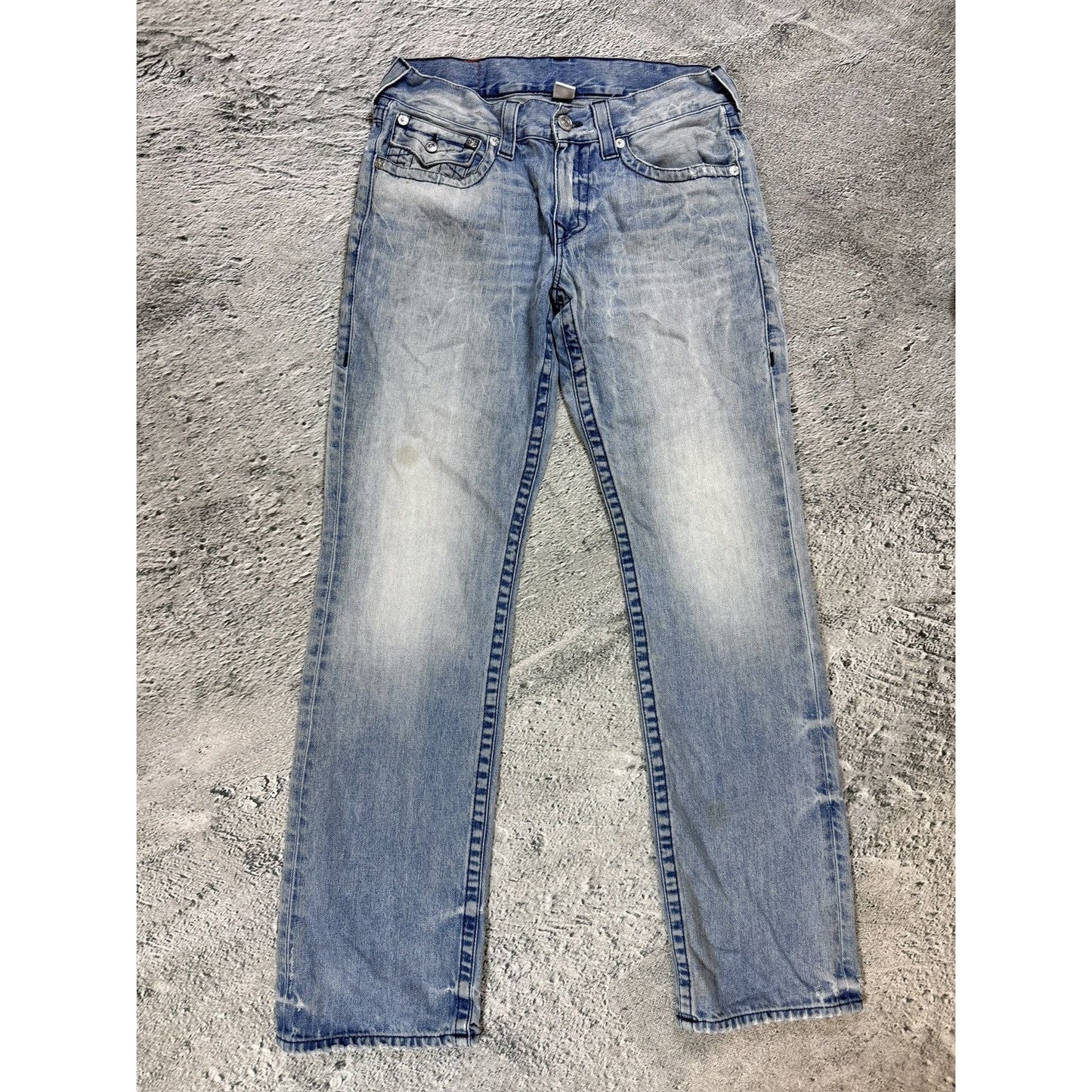 True Religion baby blue jeans black thick stitching straight