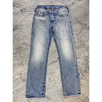 True Religion baby blue jeans black thick stitching straight