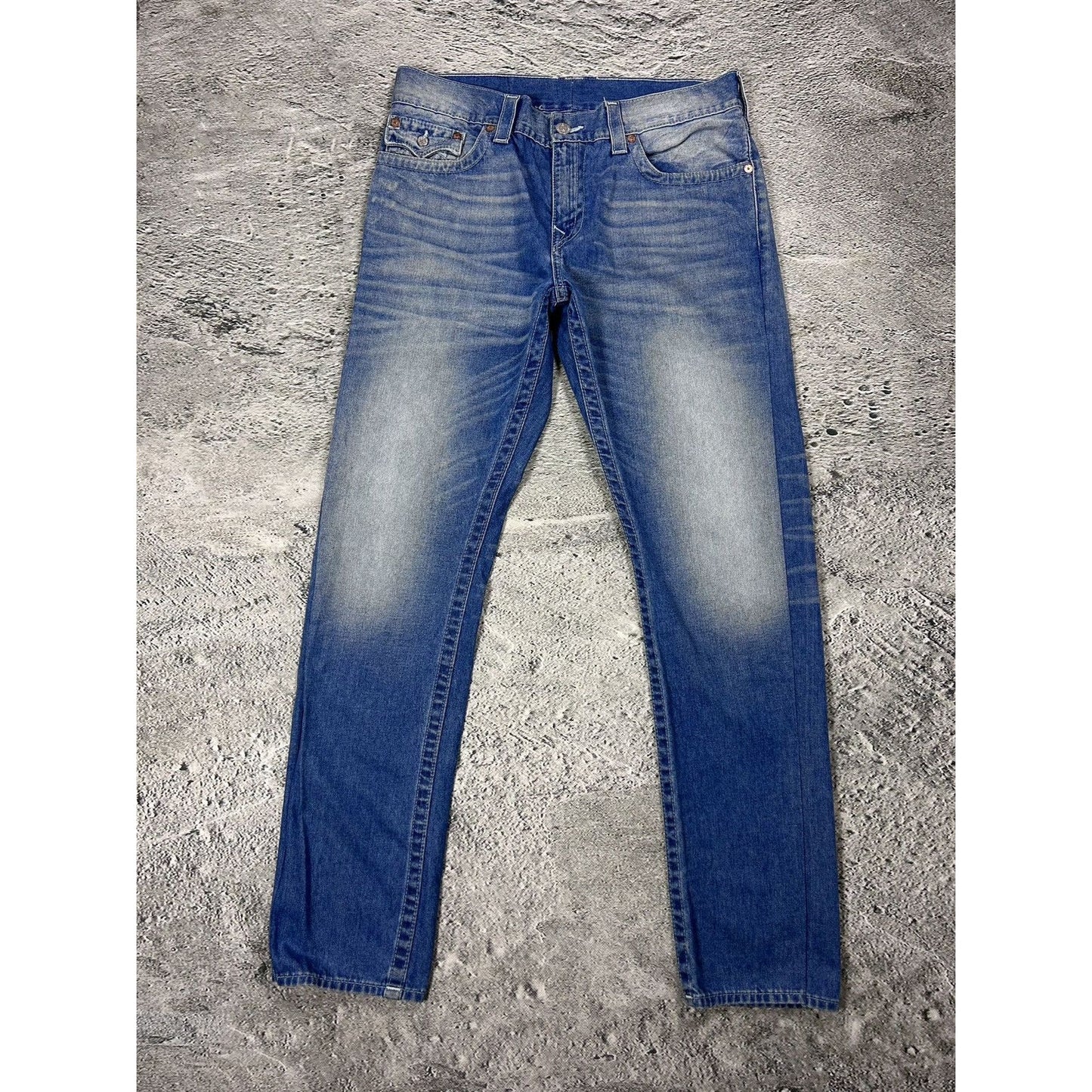 True Religion baby blue jeans white stitching Slim Y2K