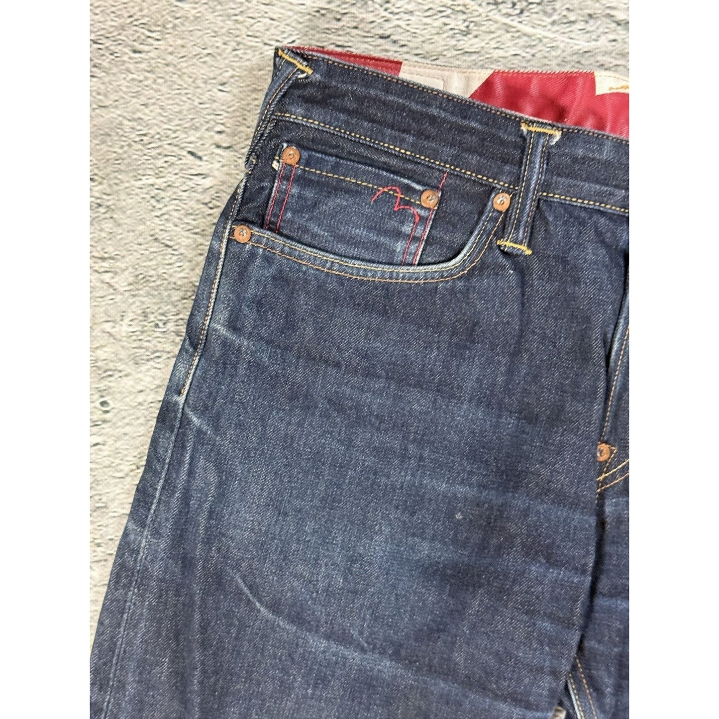 Evisu jeans vintage embroidery seagull logo selvedge red