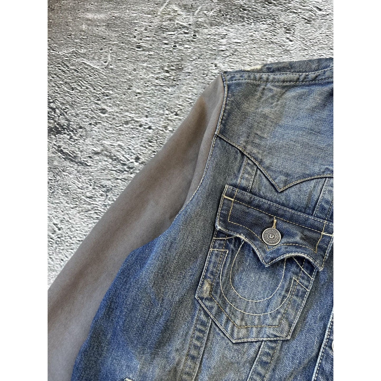 True Religion denim jacket navy grey contrast stitching Y2K