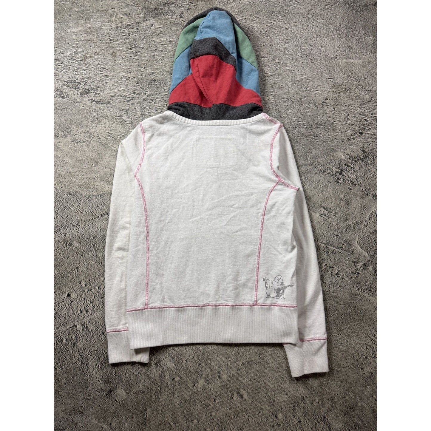 True Religion zip hoodie white pink stitches patchwork